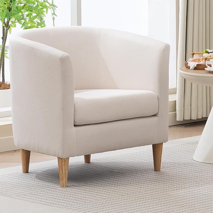 Accent Barrel Chair, Modern Comfy Living Room Chairs with Armrest Small Reading Chair with Cozy Soft Padded for Bedroom Reception Room Cafe, White