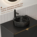 30 Inch Bathroom Vanity with Sink, Floating Fluted Vanity with Vessel Sink, Modern Bathroom Vanity Cabinet with 2 Doors with Metal Trim, Round Glass Sink & Sintered Stone Top, Black