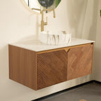 36 Inch Floating Bathroom Vanity with Vessel Sink, Fluted Modern Cabinet with 2 Doors, White Ceramic Sink with Stone Pattern & Sintered Stone Top, Oak