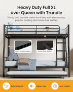 Full XL Over Queen Bunk Bed with Trundle, Heavy-Duty Metal Bunk Bed w/Full-Length Guardrail & EVA Padded Ladder, Convertible to 3 Separate Beds for Adults, Teens, Noise-Free, Black