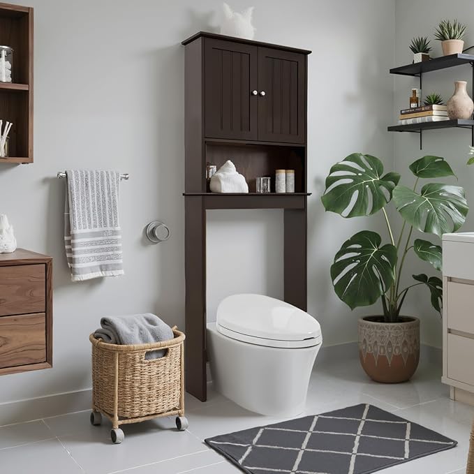 Over The Toilet Storage Cabinet, Behind Toilet Bathroom Organizer with Adjustable Shelves, Wooden Above Toilet Storage Shelf, Space Saver for Restroom, Bathroom, Laundry