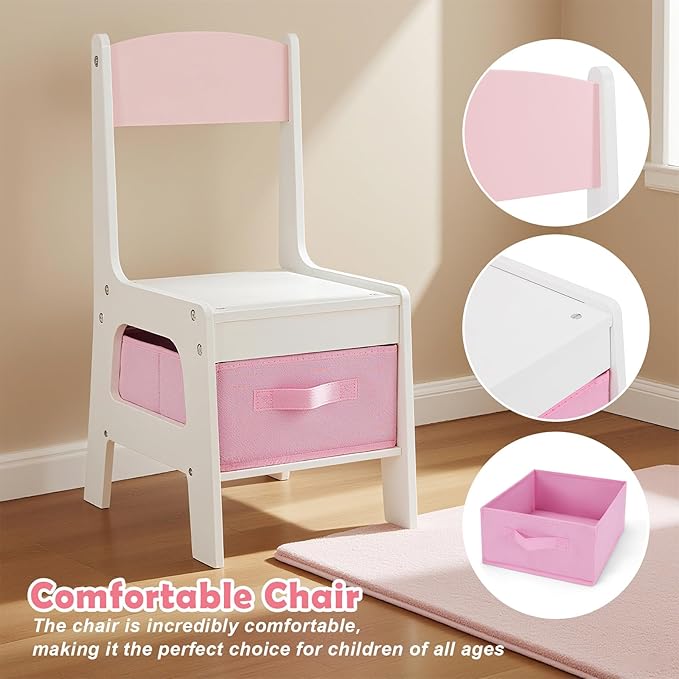 JOYLDIAS Kids Vanity with Lights, Pink Girls Makeup Vanity with 2 Drawer, Storage Cabinet & Shelves, 2 in 1 Toddler Vanity Table and Chair Set, Dressing Table for Kids 3+