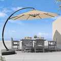 7 Piece Patio Dining Set with 11ft Patio Umbrella (Beige), 7 Gray Outdoor HDPE Dining Set with 6 Chairs + 1 Large Table with 2" Umbrella Hole, for Market, Pool, Garden, Backyard, Deck