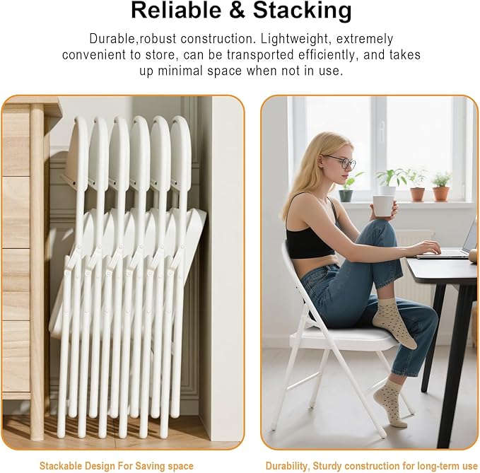 6 Pack White Folding Chairs with Padded Cushion for Outside, Portable Stackable Commercial Metal Foldable Chairs with Steel Frame for Home Events Office Wedding Party, 350lbs Capacity