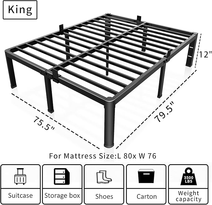 ROIL 12 inch King Size Bed Frame Metal Platform No Box Spring Needed with Headboard Hole Round Corner Legs Mattress Stoppers Retainers 3500LBS Heavy Duty Steel Slats Noise-Free