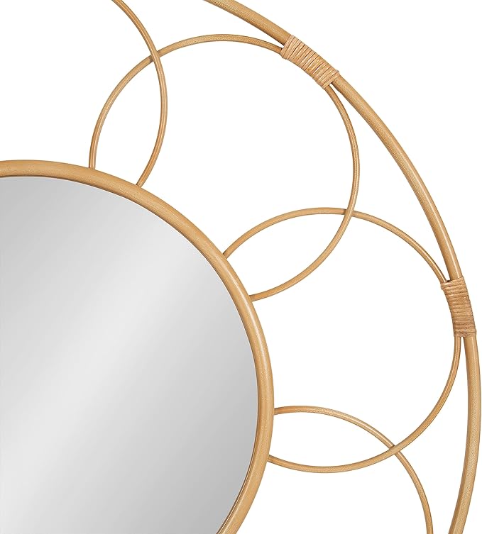 Kate and Laurel Cori Boho Round Mirror; 34 Inch Diameter; Natural; Light Decorative Metal Mirror with Rattan Accenting for Coastal Home Wall Decor