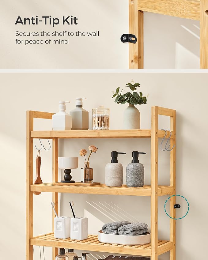 SONGMICS Over The Toilet Storage, 4-Tier Over Toilet Bathroom Organizer with Adjustable Shelves, 10.2 x 24.8 x 72.8 Inches, Space-Saving, Natural Beige UBTS041N01