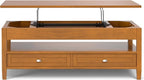 SIMPLIHOME Warm Shaker Lift Top Coffee Table - 48 inch Wide Solid Wood Cocktail Table in Light Golden Brown, Transitional Living Room Table with Hidden Storage, 2 Drawers, and Open Shelf