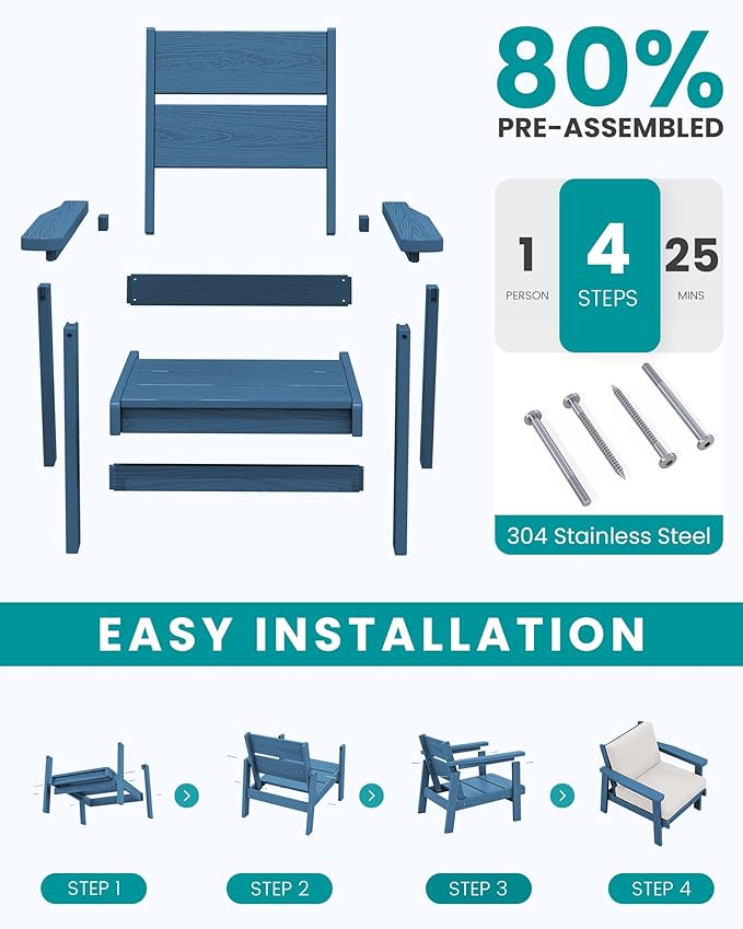 SERWALL HDPE Outdoor Couch, Blue Frame and Khaki Cushion