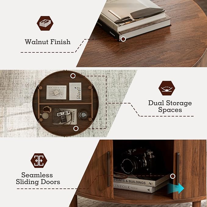 Coffee Table for Living Room, Modern Round Coffee Table with Cabinets & Sliding Doors, Home Small Space, 29.9" Fluted Center Table, Walnut