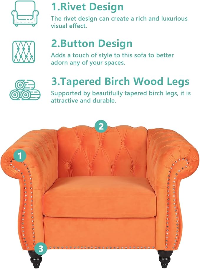 Accent Sofa Chair for Living Room, Mid Century Modern Velvet Upholstered Armchair, Oversized Comfy Single Couch Chair with Cushion, Tufted Chesterfield Sofa Couch for Home, Bedroom, Apartment (Orange)