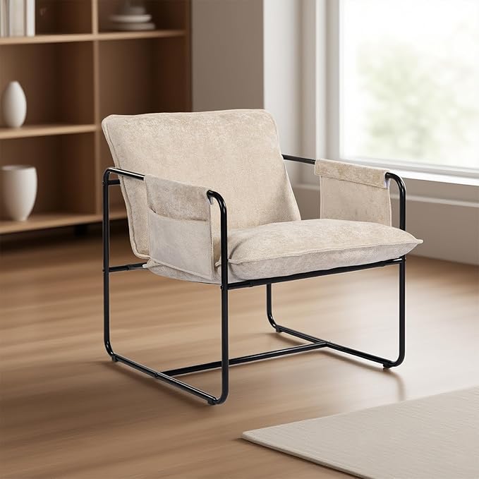 Modern Accent Chair Comfortable Living Room Chairs with Armrests, Bedroom Reading Chair, Chenille Upholstered Lounge Metal Chair