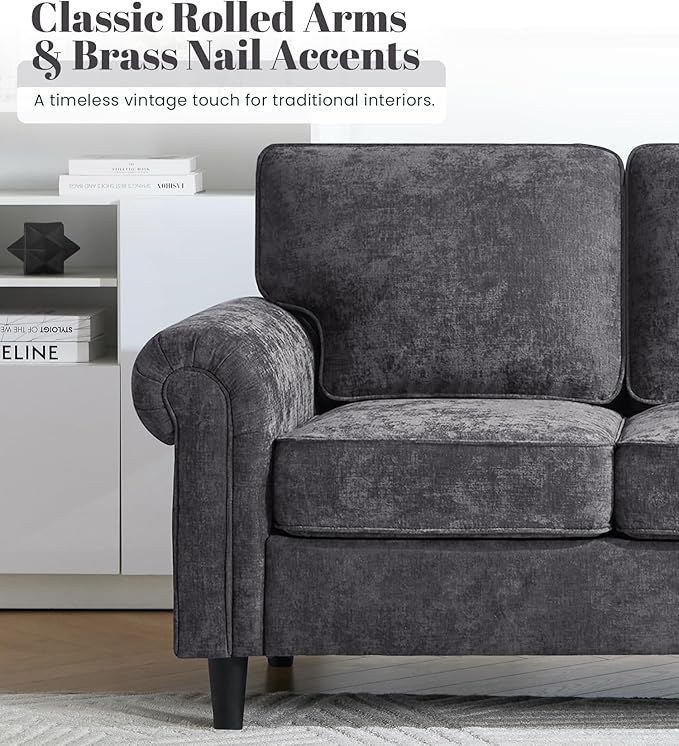 Kingfun 3 Seater Couch, Mid Century Modern Sofa Set with Rolled Arms and Deep Seats, Fluffy Comfort for Living Room, Apartment, Easy Assembly, Gray