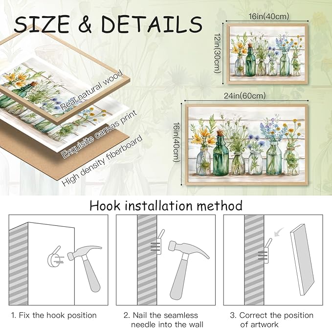 HLXRAE Wood Framed Green Bathroom Wall Art, Vintage Rustic Farmhouse Bathroom Wall Decor, Watercolor Floral Canvas Painting, Sage Green Plant Aesthetic Picture for Laundry Room Decor 12x16 inch