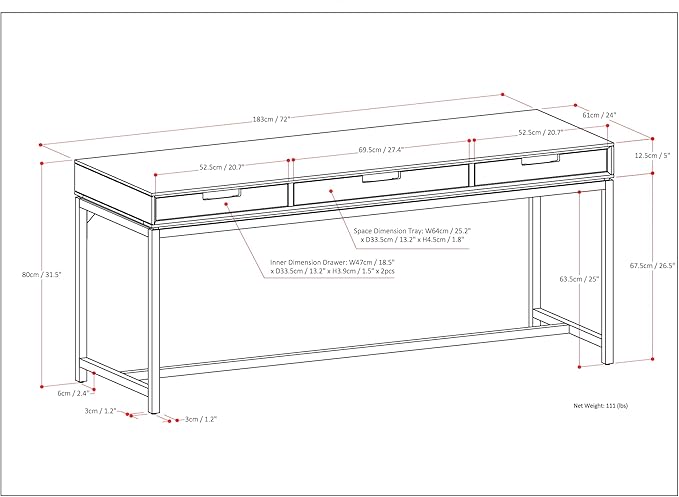 SIMPLIHOME Banting Desk - 72-Inch Wide Solid Hardwood and Metal Writing Desk in Walnut Brown, Modern Industrial Home Office Computer Table for Study with 2 Drawers and Flip-Down Keyboard Tray