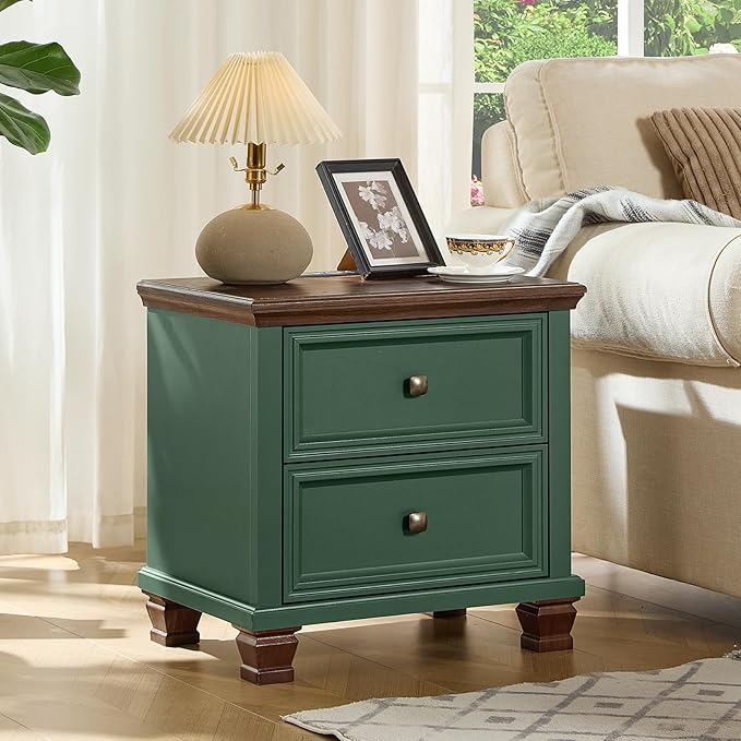 Farmhouse Nightstand Set of 2 for Bedroom, Mid-Century Low Nightstands with 2 Drawers & Charging Station, Vintage Night Stands with 4 Square Solid Wood Legs, Small Dresser for Home, Green