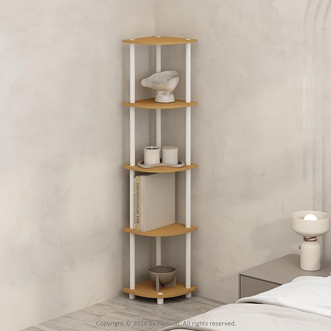 Furinno Turn-N-Tube Corner Shelf, 5-Tier Corner Display Rack, Shelving Unit, for Organization and Storage, Living Room, Home Office, Garage, Bedroom, Beech