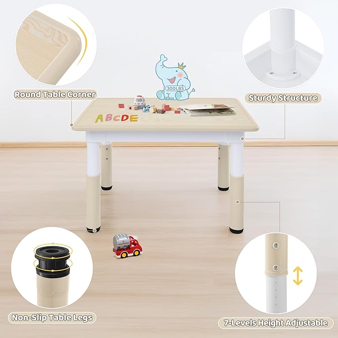 Toddler Table, 7 Level Height Adjustable Kids Play Furniture for Ages 3-8, Rectangular Plastic, 23.6" W x31.5 L, Multi-Activity Desk with Graffiti Desktop for Home & Daycare