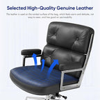 Genuine Leather Office Chair, Mid Back Executive Desk Chairs with Aluminum Arms and Wheels, Swivel Office Leather Chair with Thickened Backrest and Ergonomic Lumbar Support, Black