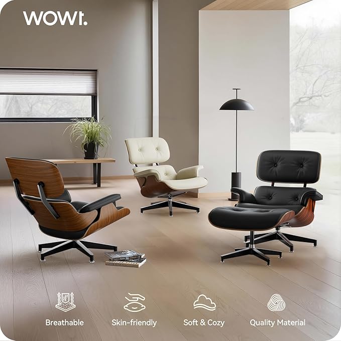 Top Black Grain Leather, Mid Century Chaise Lounge Chair and Ottoman, Modern Chair Classic Design, Walnut Wood, Heavy Duty Base Support for Living Room Office