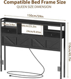 Queen Size Headboard with Drawers, Outlets & USB Ports,Sturdy Wood Bed Frame with Adjustable Height, Built-in LED Lighting (Black, Queen 59 * 7.08 * 45.7)