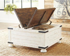 Signature Design by Ashley Wystfield Farmhouse Square Storage Coffee Table with Hinged Lift Top, Distressed White