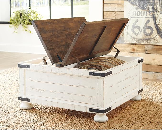 Signature Design by Ashley Wystfield Farmhouse Square Storage Coffee Table with Hinged Lift Top, Distressed White