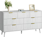 CARPETNAL Fluted 7 Drawer Dresser for Bedroom, 55" Wide Wooden Chest of Drawers with Rounded Corners, Gold Handles, Modern Storage Organizer for Bedroom, Hallway(White)