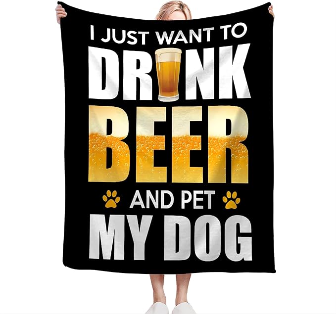 Funny Beer and Dog Throw Blanket - Gifts and Decor for Men Women Adults - Soft Warm Cozy Fleece for Couch Sofa Bed 80"x60"