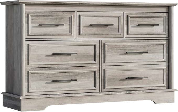 LGHM 7 Drawers Dresser for Bedroom, 54" Wide Chest of Drawers with Smooth Gliding Drawers, Gray Wood Dresser, Sturdy Storage Dressers Organizer with Metal Handles for Home Office, Farmhouse, Nursery