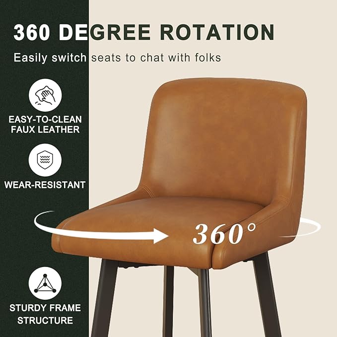 Swivel Counter Height Bar Stools Set of 4, 30''H Upholstered Barstools with Backs, Modern Bar Stool Chairs for Kitchen Island, Metal Legs, Faux Leather, Whiskey Brown Stools Counter Chair