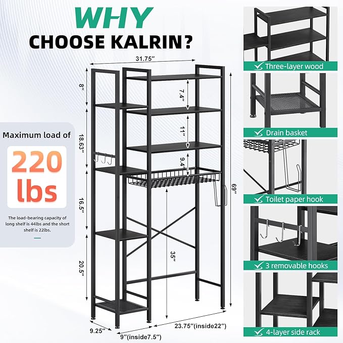 8-Tier Over The Toilet Storage with Side Rack, Over Toilet Storage Rack with Adjustable Shelf & Drain Basket, Freestanding Bathroom Organizer for Balcony, Laundry (Pure Black)
