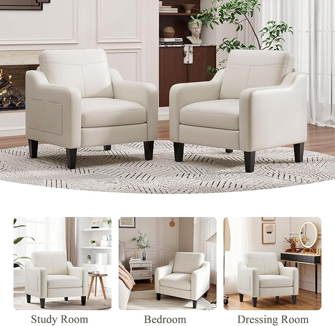 PU Leather Accent Chair, Mid-Century Modern Living Room Armchair Sofa with Removable Cushions, Solid Wood Frame & Stitched Armrest Design, Bedroom Chair with Plastic Legs, Beige
