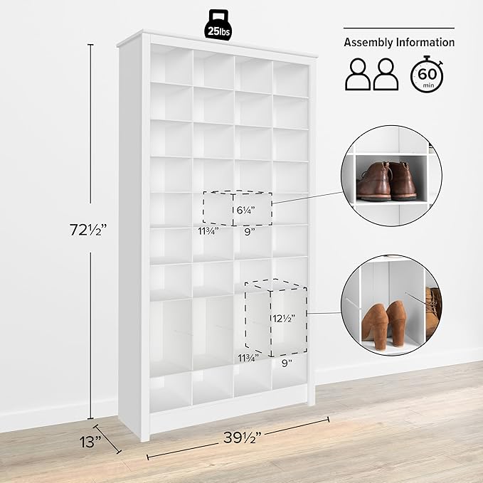 Prepac White Tall Storage Cabinet, Shoe Cabinet, Cube Storage Organizer with 40 Shoe Cubbies 13" D x 39.5" W x 72.5" H, WUSG-0011-1
