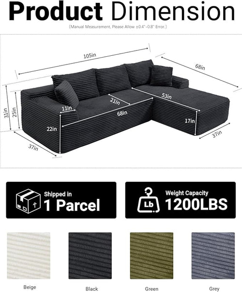 108" Cloud Sectional Couch,Modern Modular Sectional Sofa with Deep Seat,Corduroy Boneless Couches with L-Shape Chaise for Living Room,No Assembly Required (Black, Right Facing Chaise)