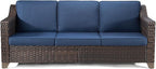 77'' Patio Sofa, All Weather Outdoor Rattan Wicker 3-Seat Sofa High Back Couch with Premium Cushions for Garden Backyard Porch(Brown/Navy)