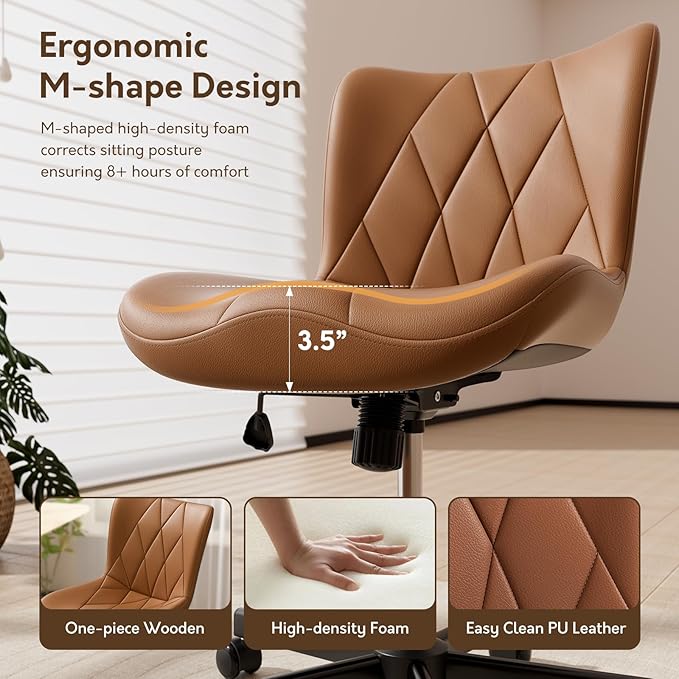 Brown Leather Armless Desk Chair, Soft Ergonomic Cushion, Height Adjustable, Rocking, Home Office