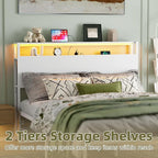 Full Sized Headboard with 2 Tiers Storage Shelves, Sturdy and Stable Headboard with Charging Station, USB Ports and LED Light for Full Bed Frame, White