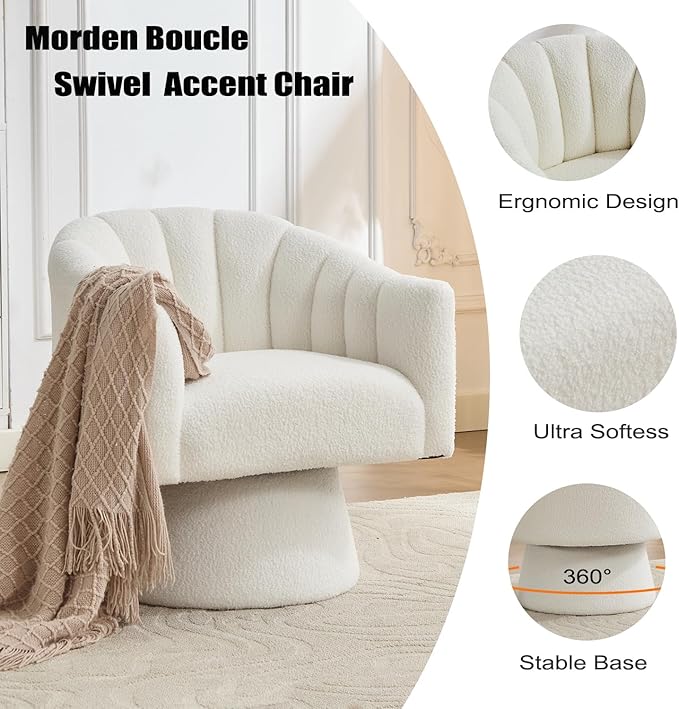 Swivel Accent Chair Set of 2, Upholstered Teddy 360° Swivel Barrel Chair for Living Room Overstuffed Bouncle Reading Chair Round Armchair for Bedroom,Vanity,Office-White