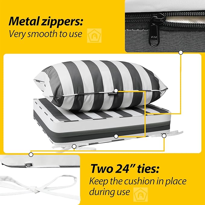 AAAAAcessories Outdoor Deep Seat Cushions, Waterproof, Fade-Resistant Patio Furniture Replacement Cushions, 23.5" x 25.5" x 5" + 23.5" x 19", Gray Cabana Stripe