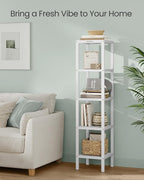 SONGMICS Bamboo Storage Shelf, 5-Tier Shelving Unit, Multifunctional, in The Entryway, Bathroom, Living Room, Balcony, Kitchen, 13 x 13 x 57.5 Inches, Cloud White UBCB055W01