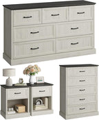 CARPETNAL Farmhouse Dresser and Nightstand Sets for Bedroom, 4 Pcs Bedroom Set, 5 Drawer & 7 Drawer Dresser and Nightstand Set of 2, Wood Chest of Drawers for Living Room, Entryway, White