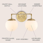JONATHAN Y JYL3535A Louis Parisian Globe 15" 2-Light Metal/Frosted Glass Modern Contemporary LED Vanity Midcentury Glam 2700K LED 4W Bulbs Entryway Lobby Kitchen Bathroom Bedroom Hallway, Brass Gold