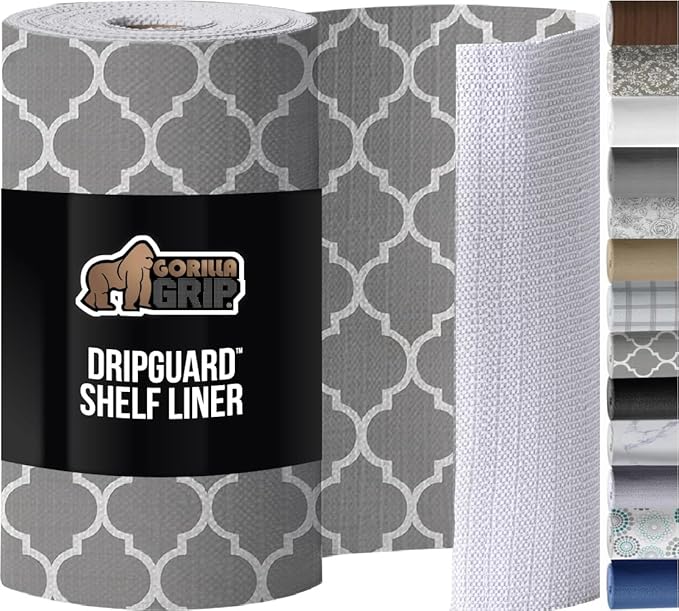 GORILLA GRIP DripGuard Shelf Liner, Non Adhesive Drawer and Kitchen Cabinet Protector, 20x240 Inch, Slip Resistant BPA Free Smooth Surface Plastic Liners for Cabinets, Bathrooms, Closets, White Gray