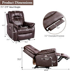 Power Recliner Chair with Heat and Massage, Electric Leather Recliner Chair for Adults with Extended Footrest, USB Port & Side Pockets, Faux Leather Massage Chair for Living Room (Brown)