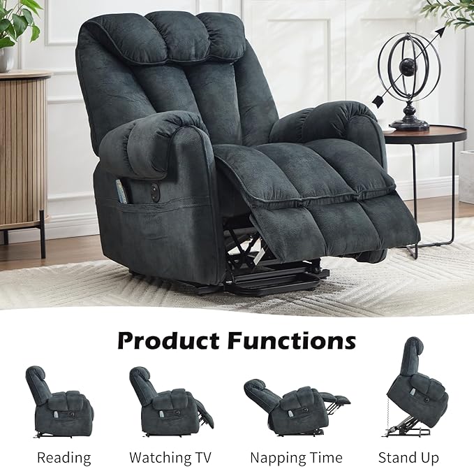 CANMOV Power Lift Recliner Chair for Elderly with Massage & Heat, Overstuffed Recliner Chairs for Adults, Electric Recliners with Type-C & USB Port, Side Pockets, for Living Room, Grey