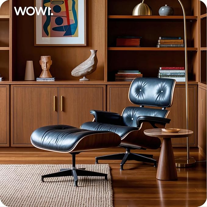 Top Black Grain Leather, Mid Century Chaise Lounge Chair and Ottoman, Modern Chair Classic Design, Walnut Wood, Heavy Duty Base Support for Living Room Office