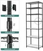 SONGMICS 7-Tier Storage Unit, Wire Shelving, Kitchen Metal Rack With Adjustable Shelves, Shelf Liners, 8 Hooks, for Garage, 13.4 x 23.2 x 70.9 Inches, Black ULGR067B01