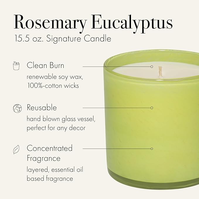LAFCO New York Signature Candle, Rosemary Eucalyptus - 15.5 oz - 90-Hour Burn Time - Reusable, Hand Blown Glass Vessel - Made in The USA