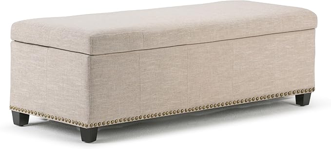 SIMPLIHOME Kingsley 48 inch Wide Transitional Rectangle Large Storage Ottoman in Natural Linen Look Fabric, Assembled, For the Living Room, Entryway and Family Room
